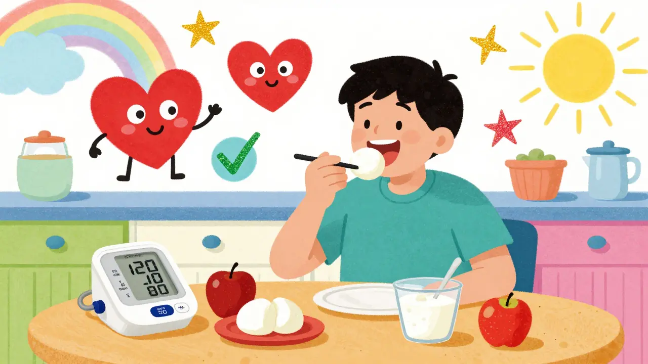 A person enjoying safe foods with a calm blood pressure reading in vibrant Peter Max style.