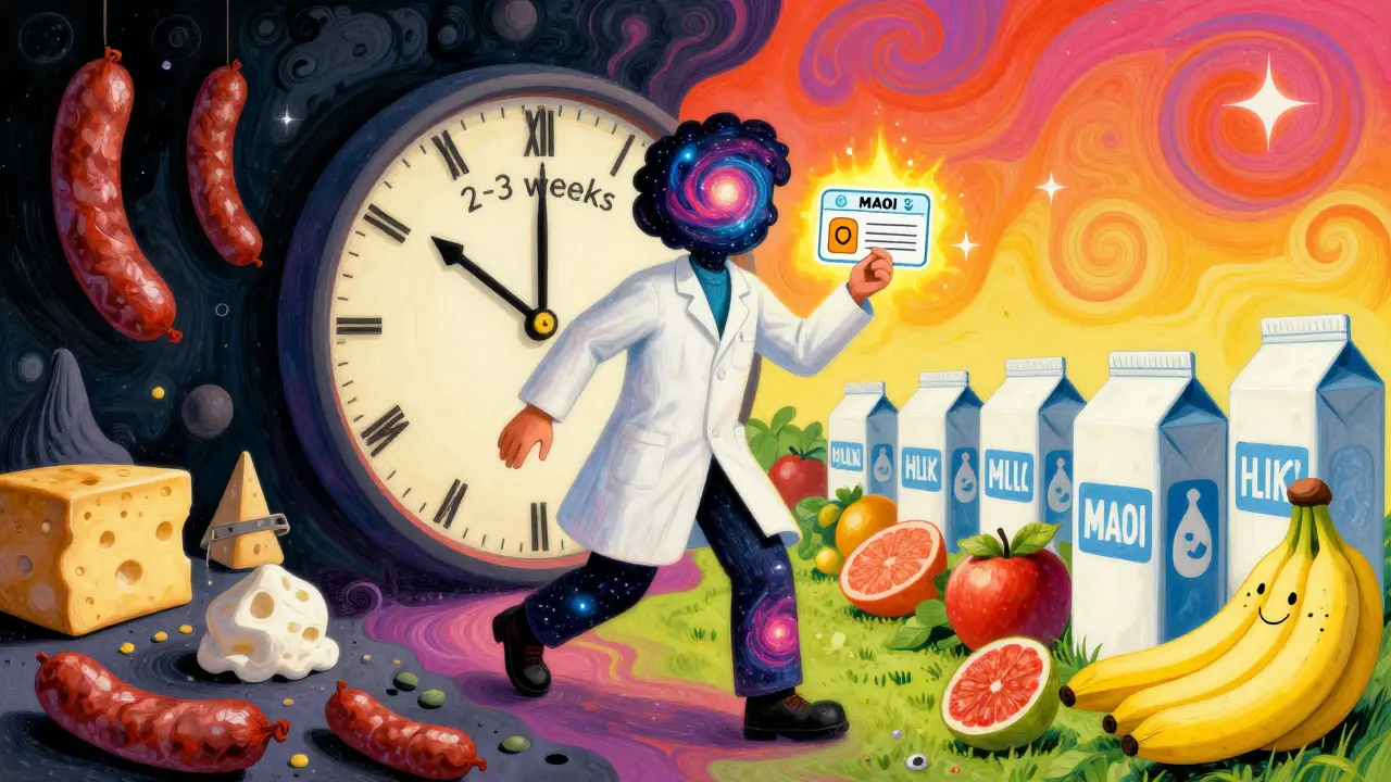 A person stepping from dangerous to safe foods through a cosmic portal in psychedelic Peter Max style.