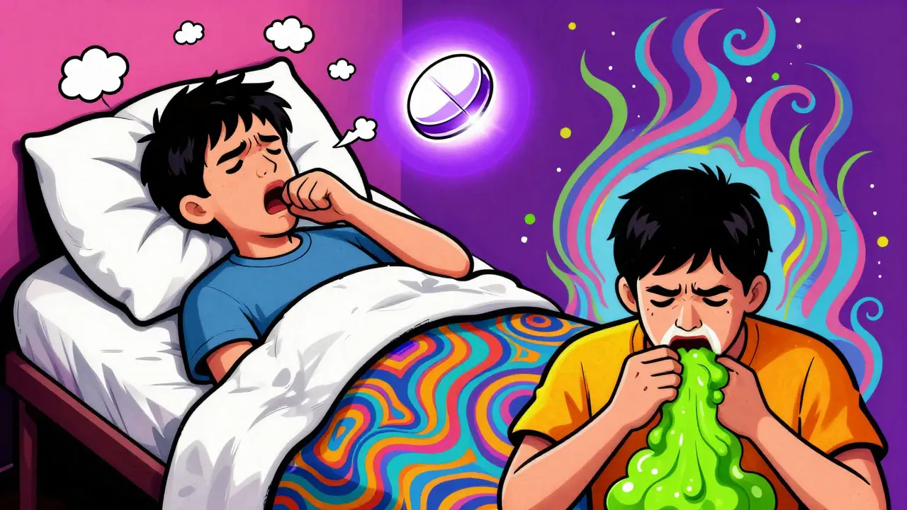 A person with a dry cough surrounded by calming blue waves, contrasted with someone clearing phlegm.