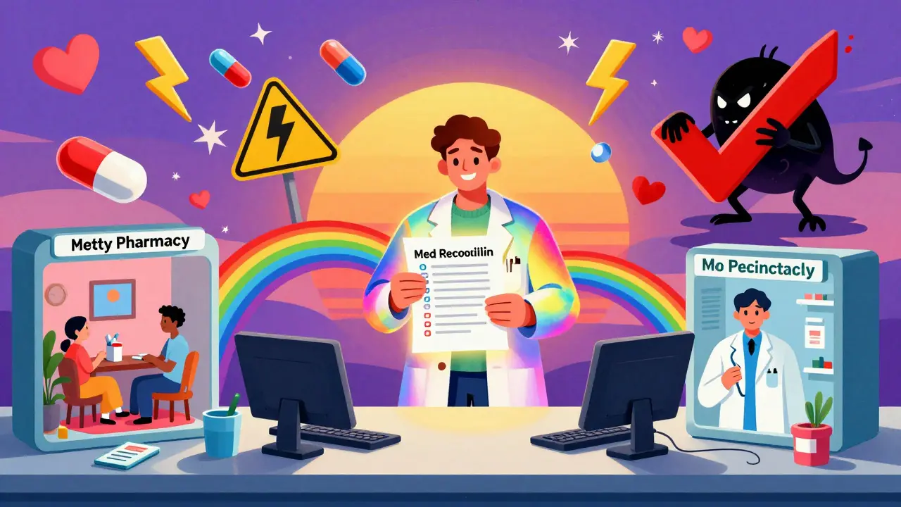 A pharmacist connects patient, pharmacy, and doctor via rainbow bridges while crushing a medication error monster.