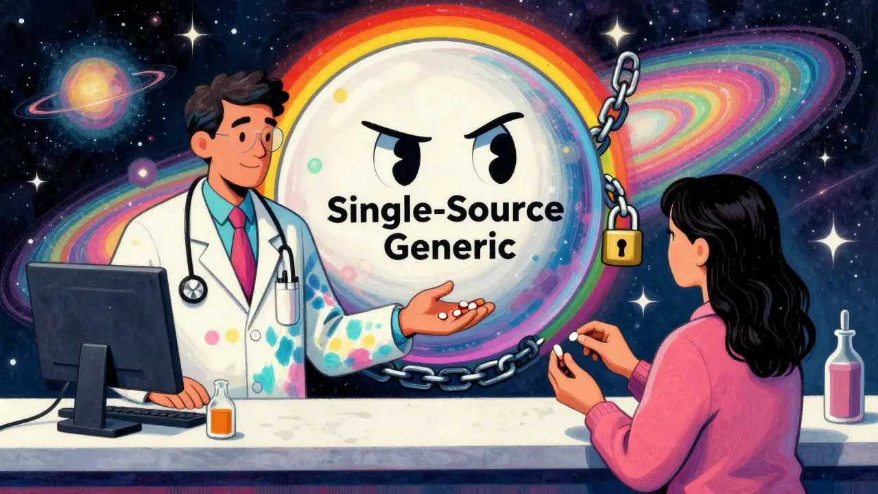A pharmacist gives two pills to a customer as a giant frowning combo pill looms with chains, in vibrant cosmic style.