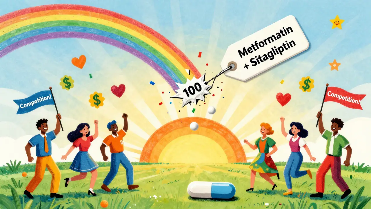 A rainbow combo pill falls from the sky, breaking a high price tag, as manufacturers celebrate with flowers and hearts.