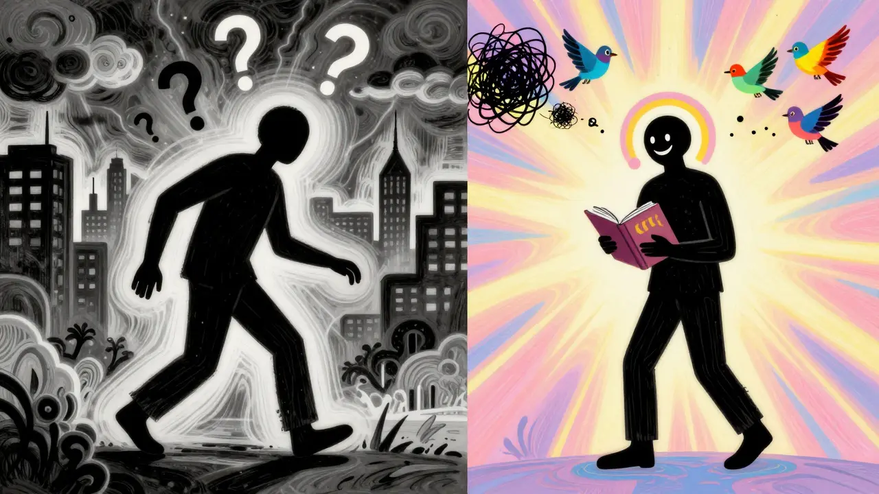 A shadowy figure in a dark city transforms into a hopeful one bathed in light, with birds carrying away negative thoughts.