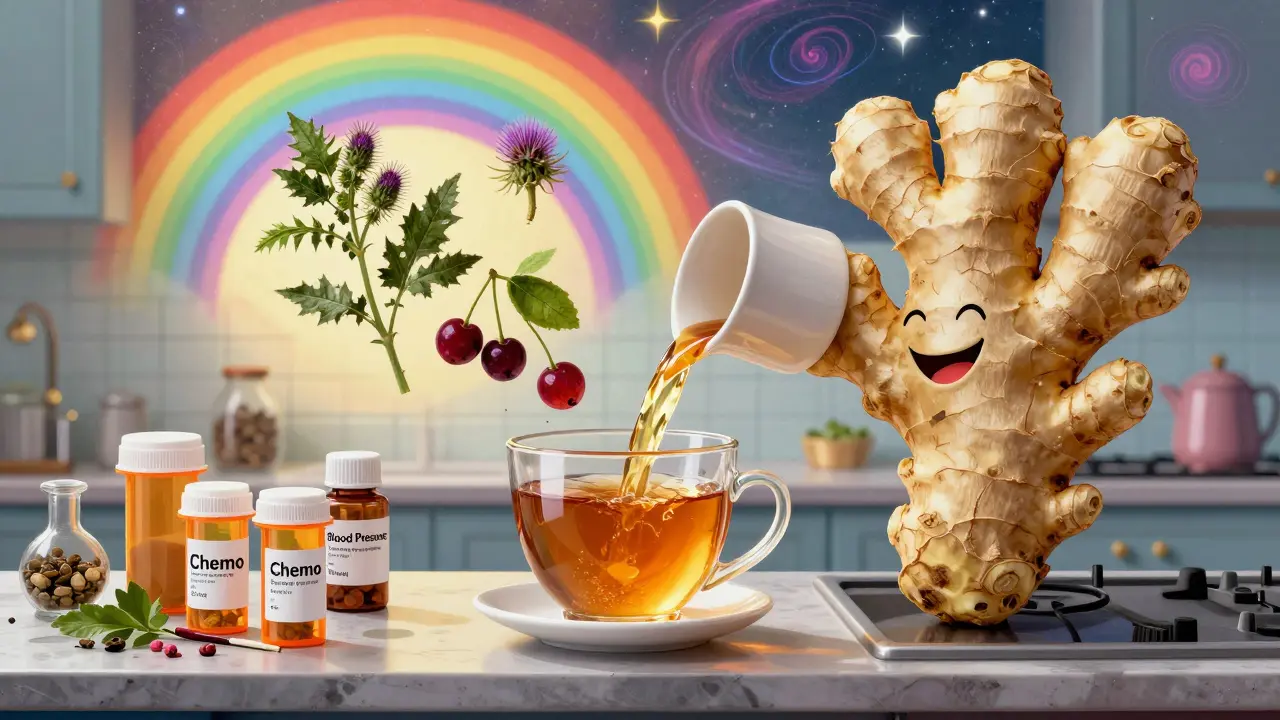A smiling ginger root pouring tea beside prescription bottles under a rainbow sunburst.