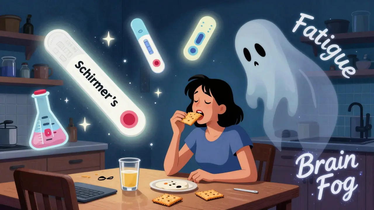 A woman struggling to eat a cracker, surrounded by glowing medical symbols of Sjögren’s diagnosis tools and shadowy fatigue.