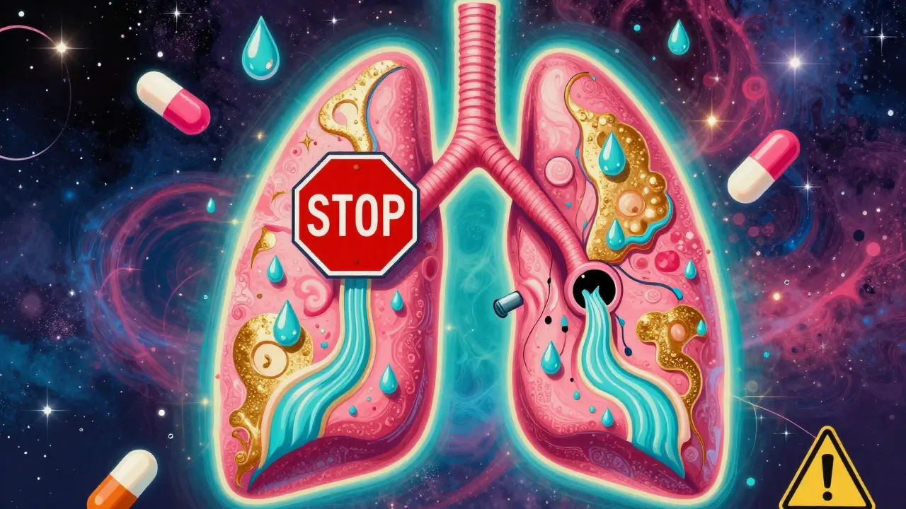 An abstract glowing lung with a stop sign on one side and a draining mucus river on the other.