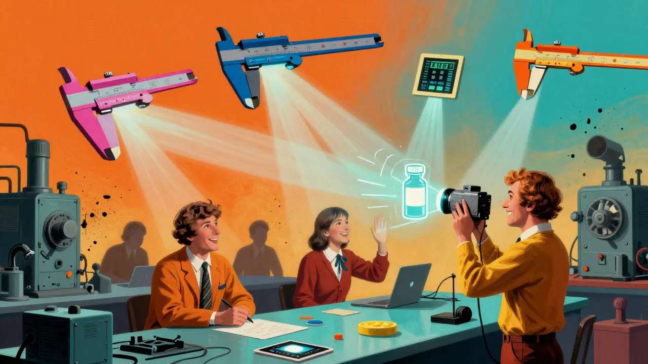 Colorful manufacturing floor with floating tools and workers linking data, while old machines fade away.