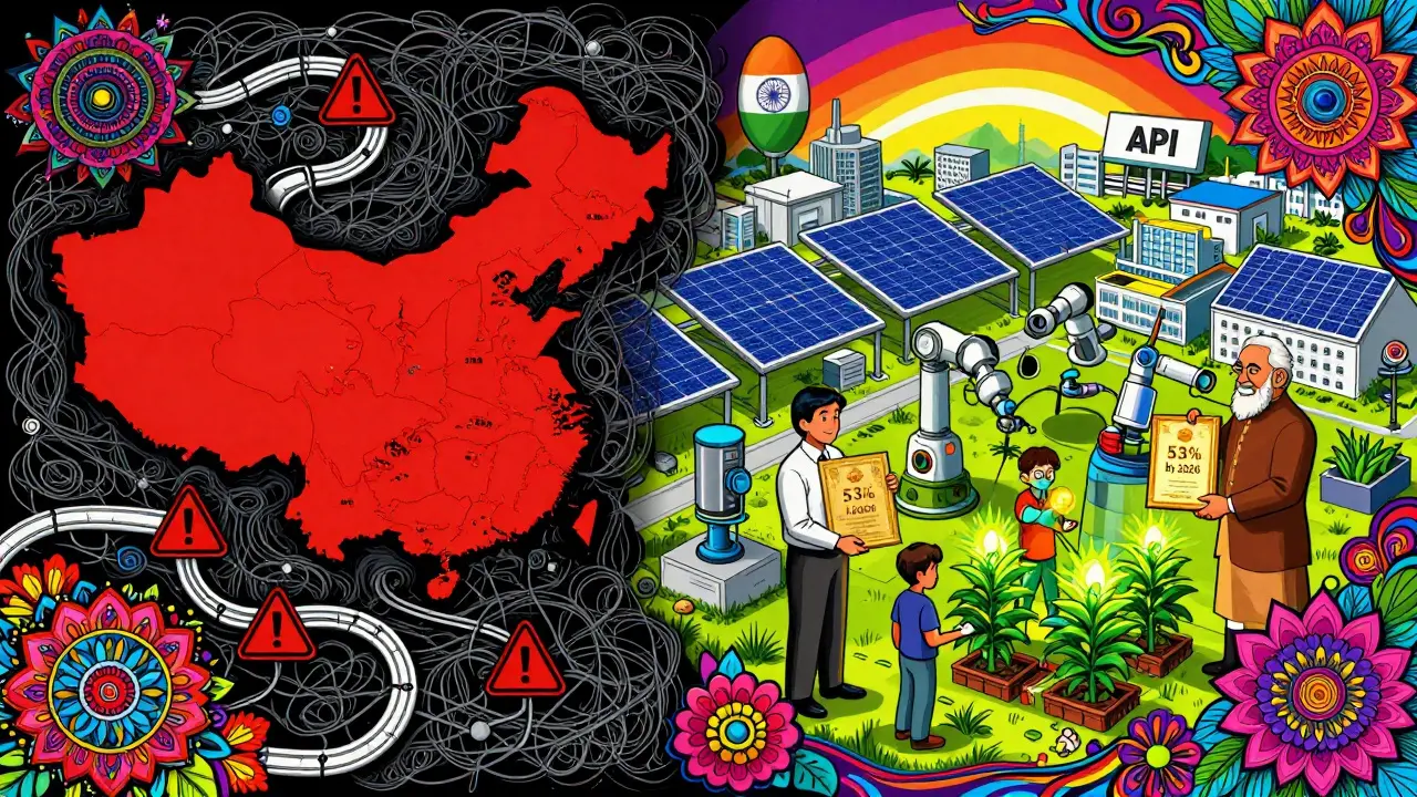 Contrasting dark supply chains from China with bright Indian API factories under glowing certificates and floral mandalas.