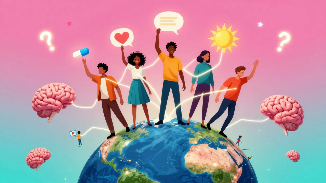 Diverse people connected by glowing threads, holding symbols of treatment, standing on a floating Earth with glowing brains.