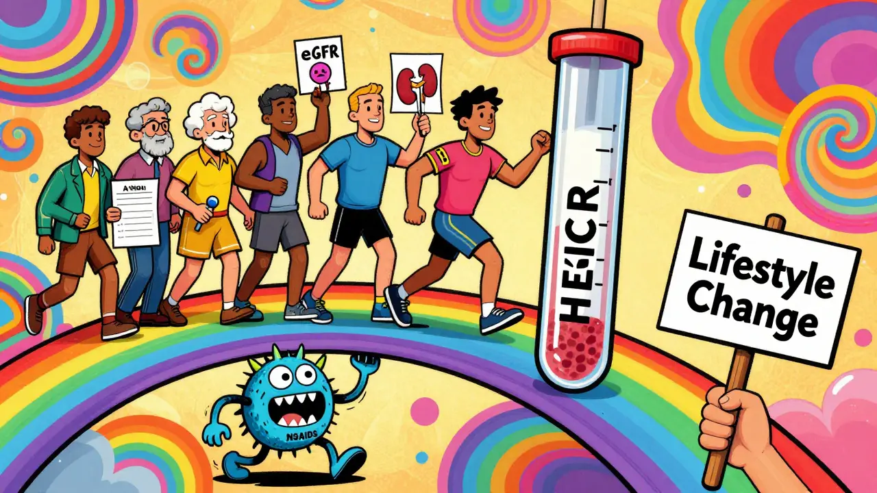 Diverse people on a rainbow bridge heading to a lab test tube, with healthy and unhealthy results shown.