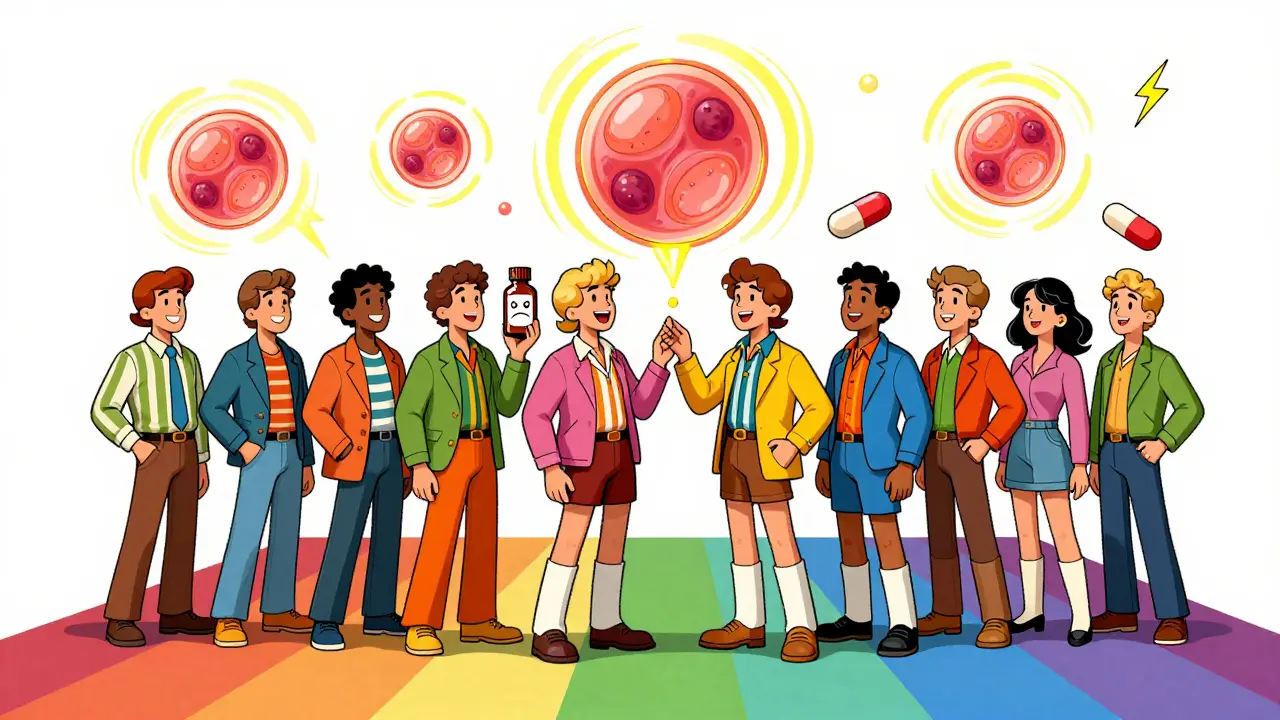 Diverse people switch statin pills on a rainbow path, with healthy muscle energy waves above.