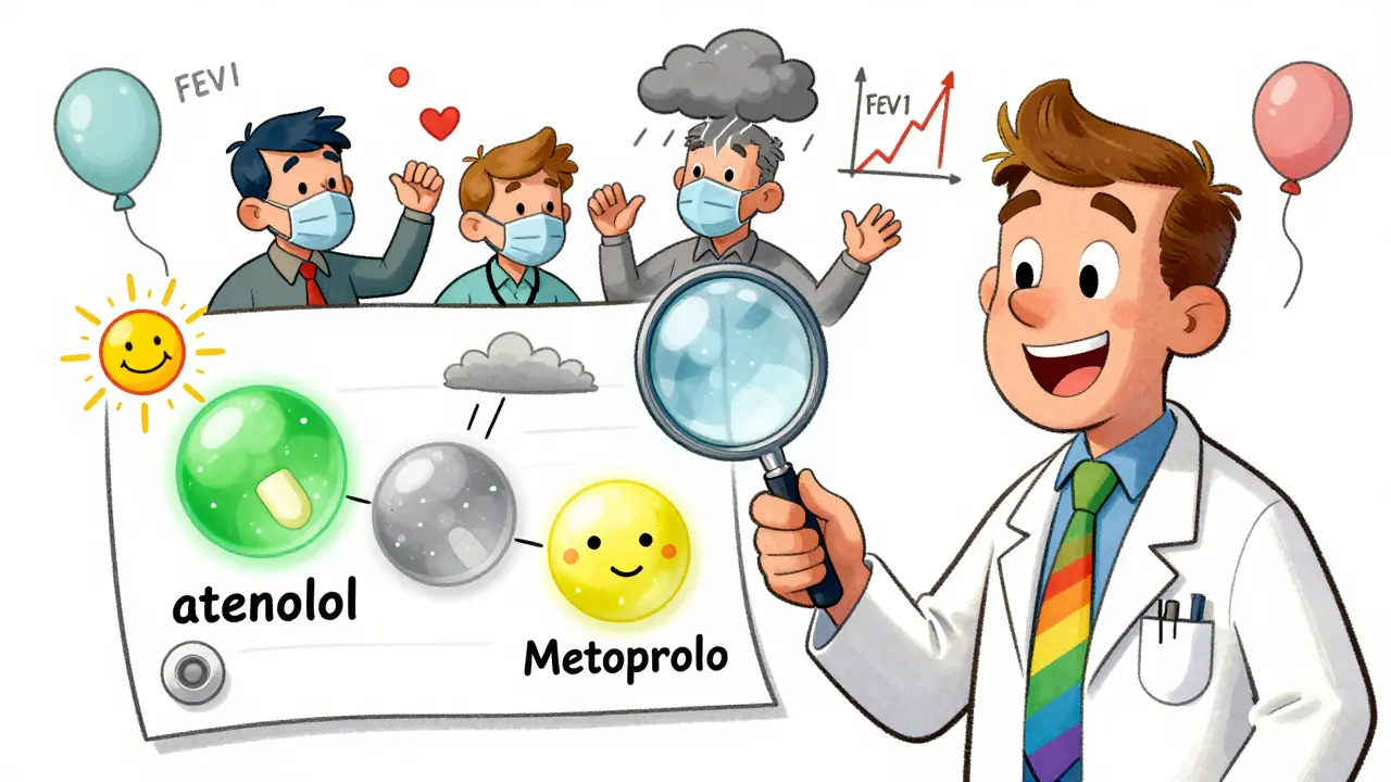 Doctor examining three beta-blocker pills with contrasting symbols, patients cheering, rainbow chart in background.
