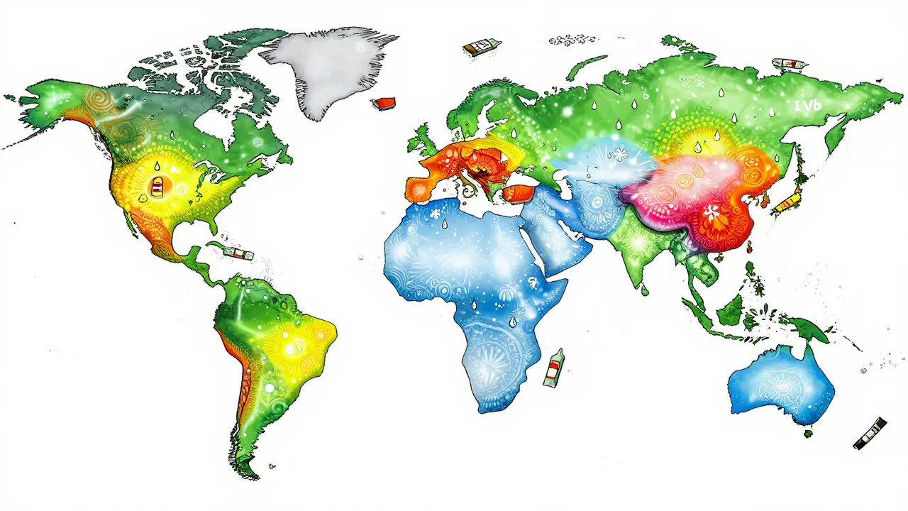 Global map with colorful climatic zones and drug packages affected by heat and humidity in cosmic pop art style.
