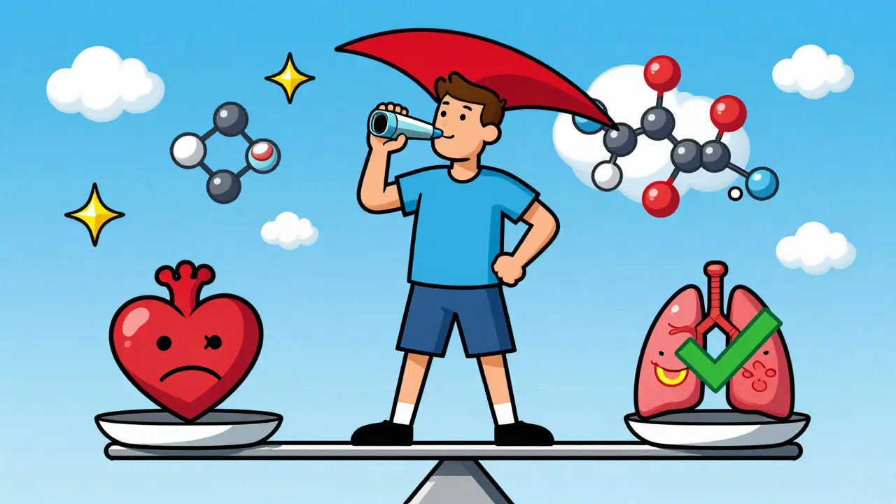 Patient balancing heart medication and inhaler on scale, atenolol superhero molecule flying above in vibrant style.