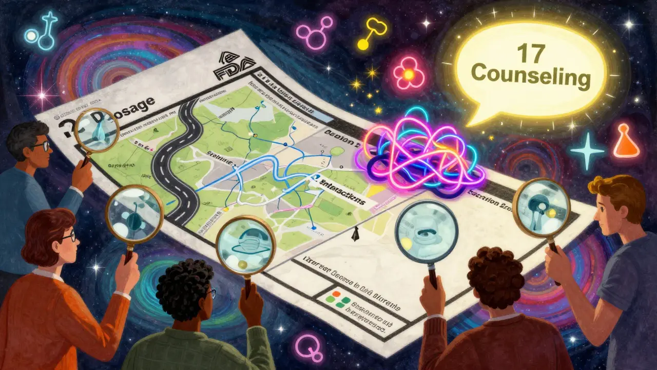 People using magnifying glasses to explore a colorful, map-like FDA drug label with neon sections.