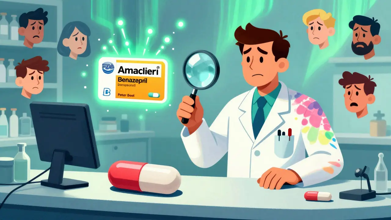 Pharmacist examining combination pills with a magnifying glass as FDA ratings glow above in vibrant hues.