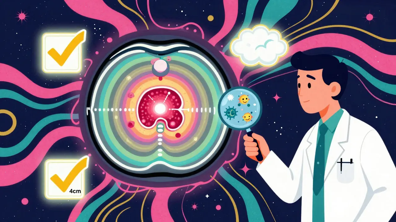 Rainbow CT scan mandala with glowing adrenal mass and floating medical checkmarks