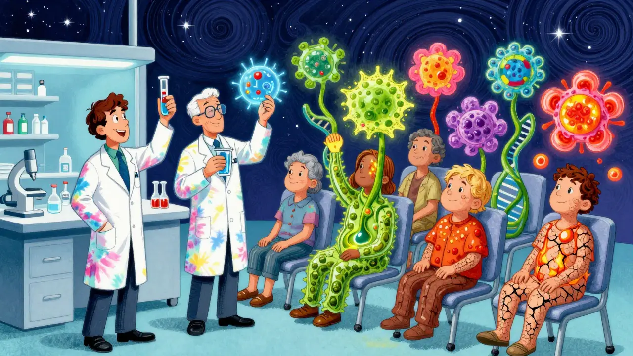Scientists in colorful lab coats holding glowing test tubes as patients transform from dry to vibrant, symbolizing new medical hope.