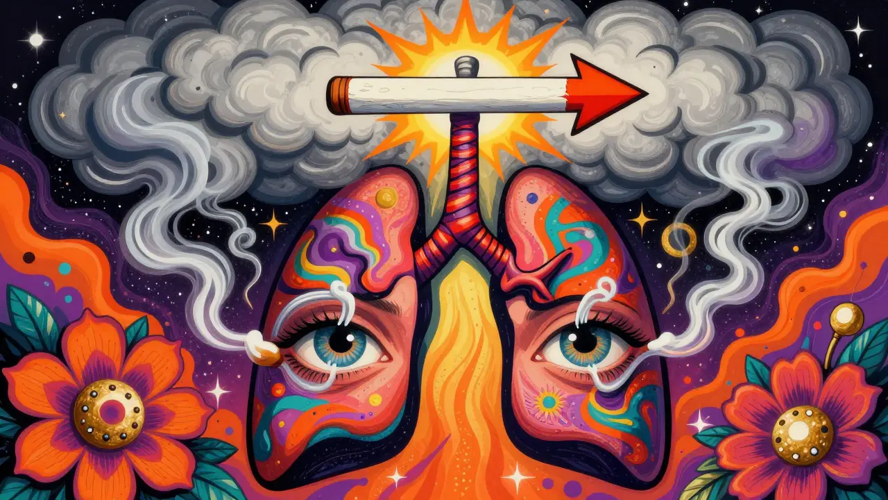 Smoker’s lungs turning into a storm cloud above eyes, with a radiant arrow breaking through toward healing.