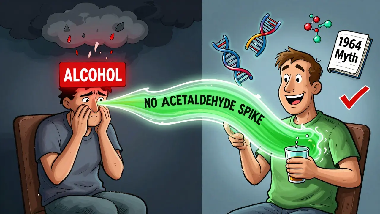 Split cartoon scene showing a patient reacting to alcohol vs. safely drinking, with scientific symbols and a debunked textbook.