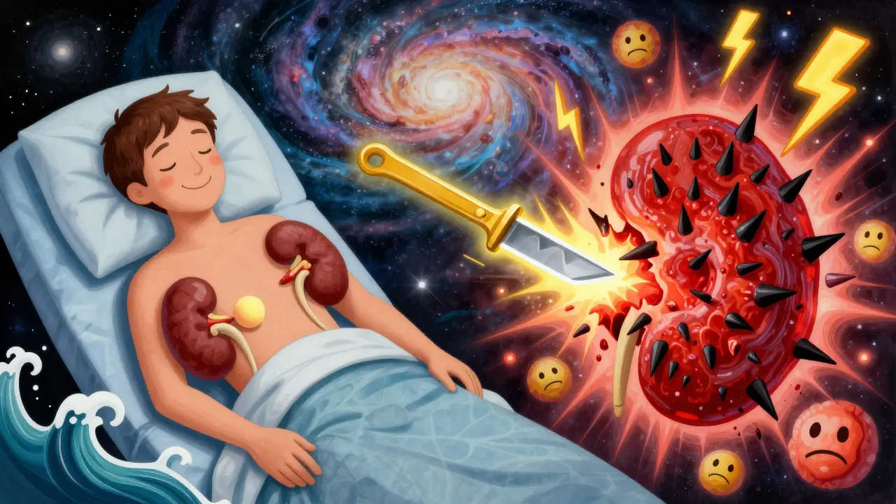 Split illustration: calm benign tumor vs. dangerous malignant one with healing scalpel between