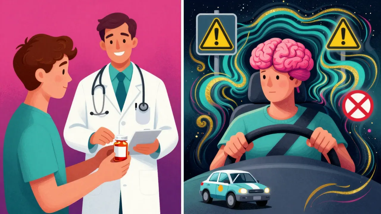 Split illustration: calm patient with doctor vs. impaired driver with swirling brainwaves and warning symbols, with a hovering Uber car.