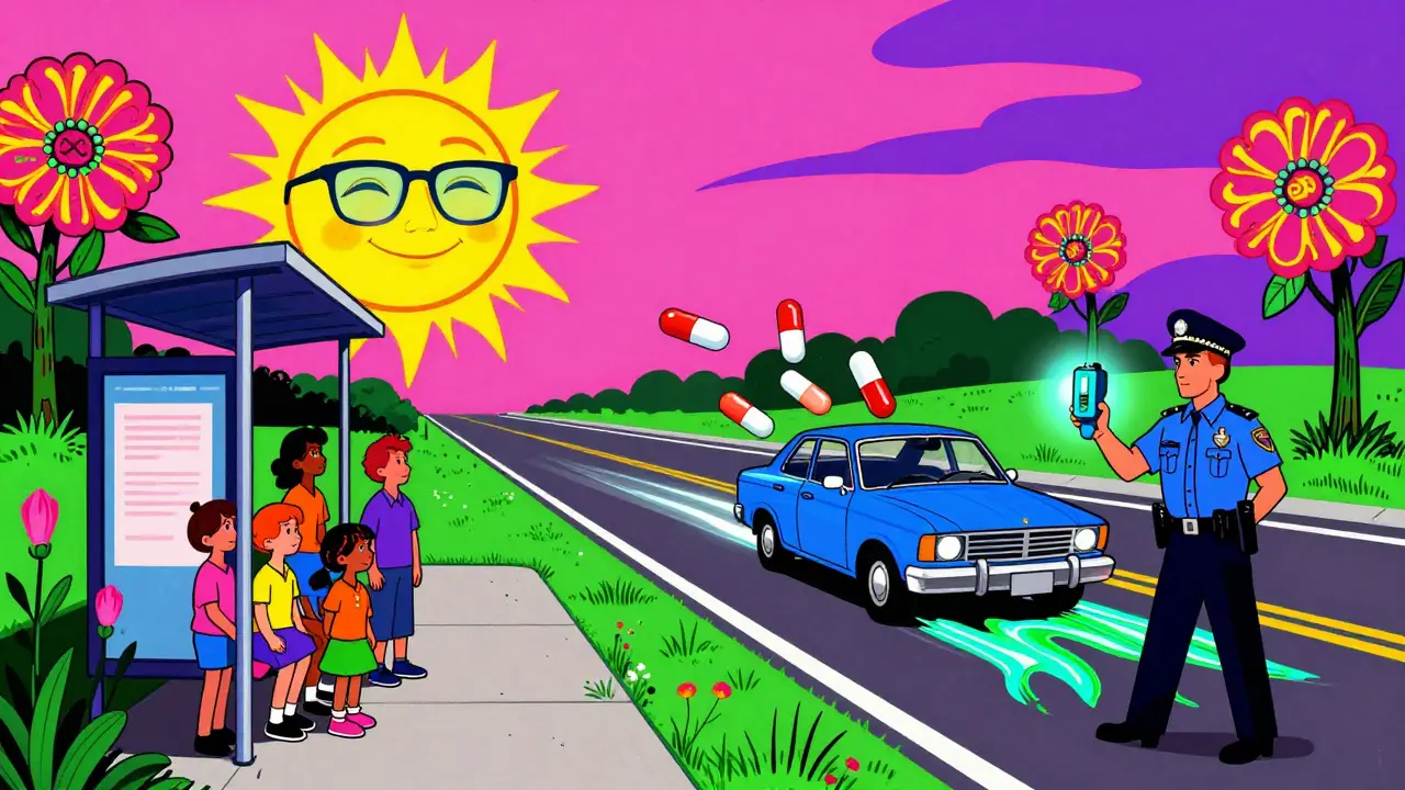 Surreal roadside scene with a family at a bus stop, a pill-float car being pulled over, and morphine-shaped flowers under a glowing sun.