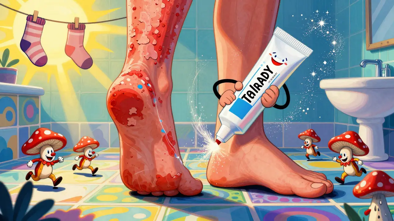 Two feet being treated by a glowing cream tube, fungi fleeing, with drying shoes and powders in a dreamy bathroom.