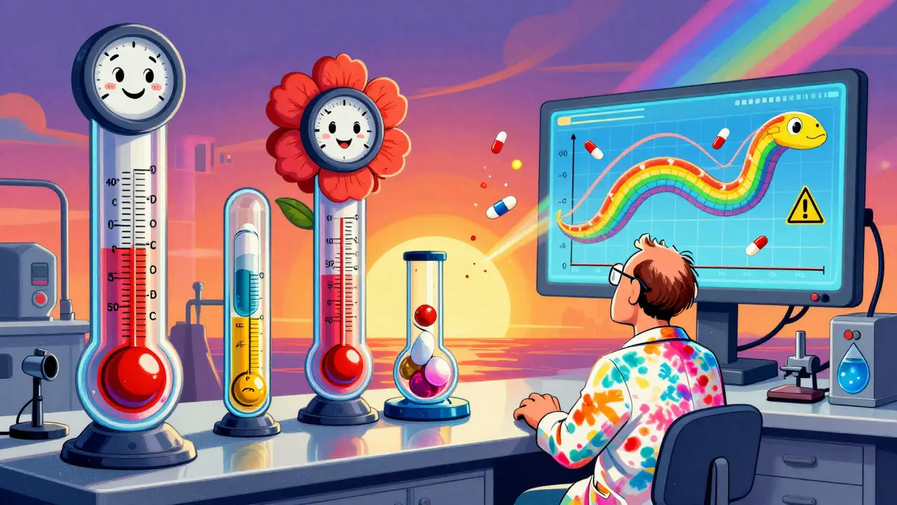 Whimsical lab with smiling instruments testing drugs under stress, rendered in Peter Max’s psychedelic pop art.