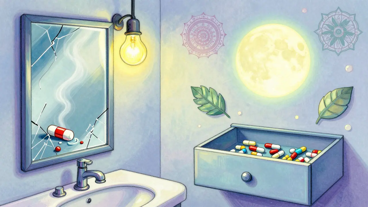 A bathroom scene showing steam damaging medicine on one side, and a calm drawer preserving pills on the other.