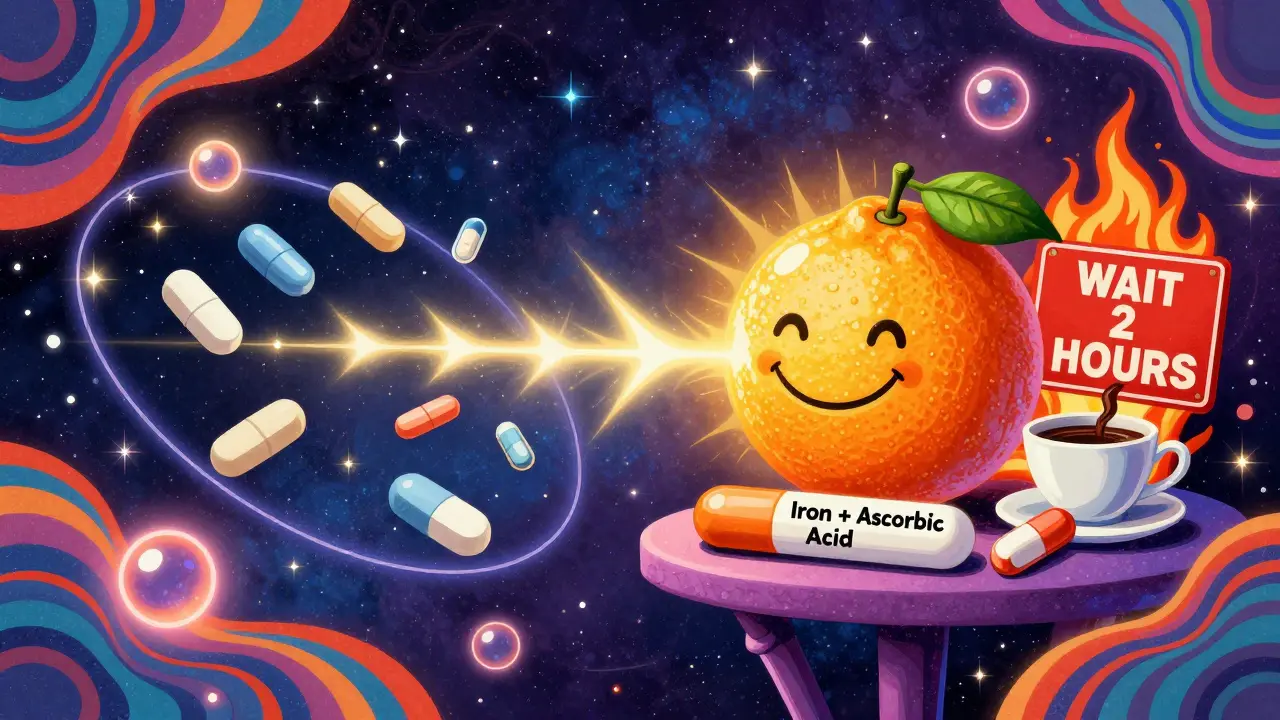 A cosmic pharmacy shelf with iron and calcium pills separated by a time barrier, surrounded by glowing symbols and warnings.
