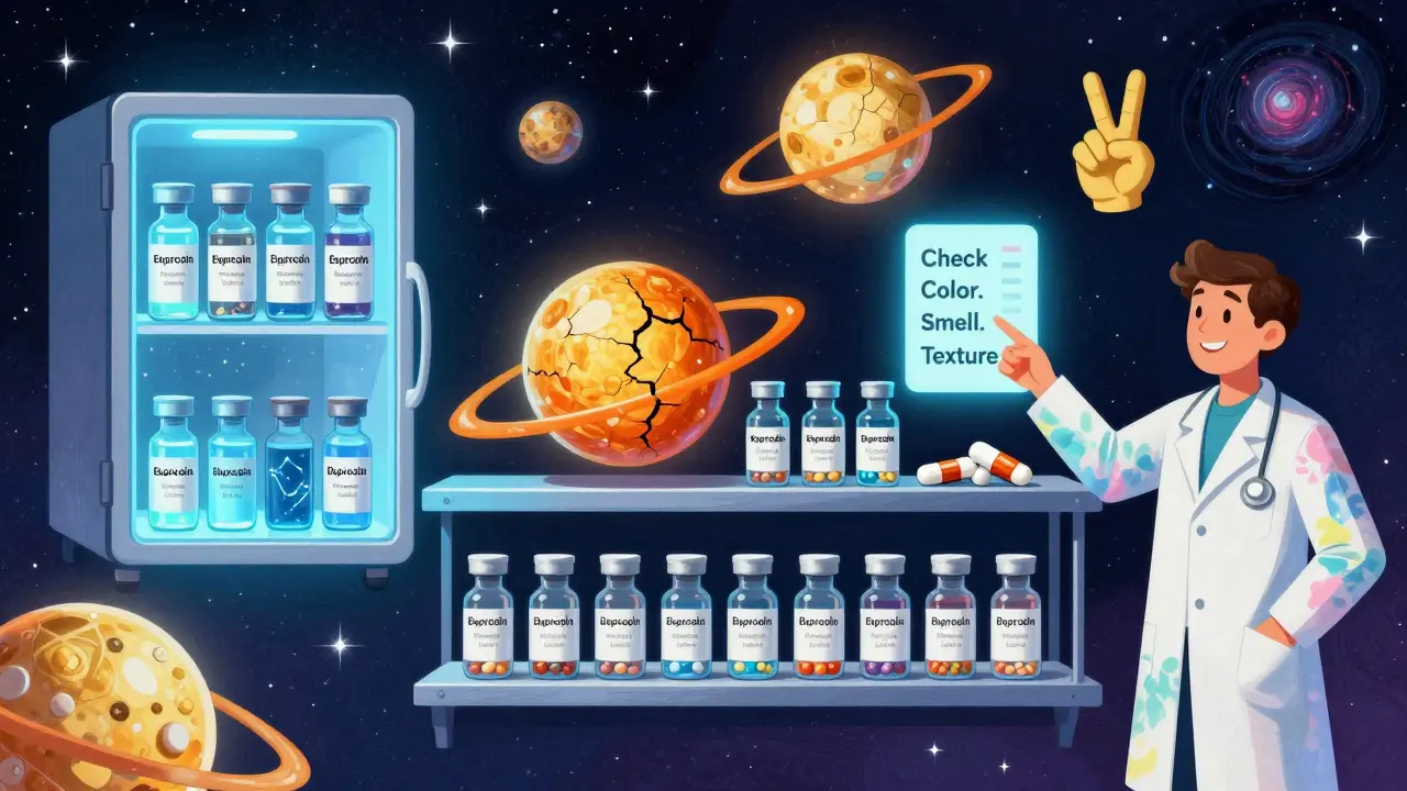 A cosmic pharmacy with glowing insulin vials, warning tetracycline, and shining pills among stars and constellations.