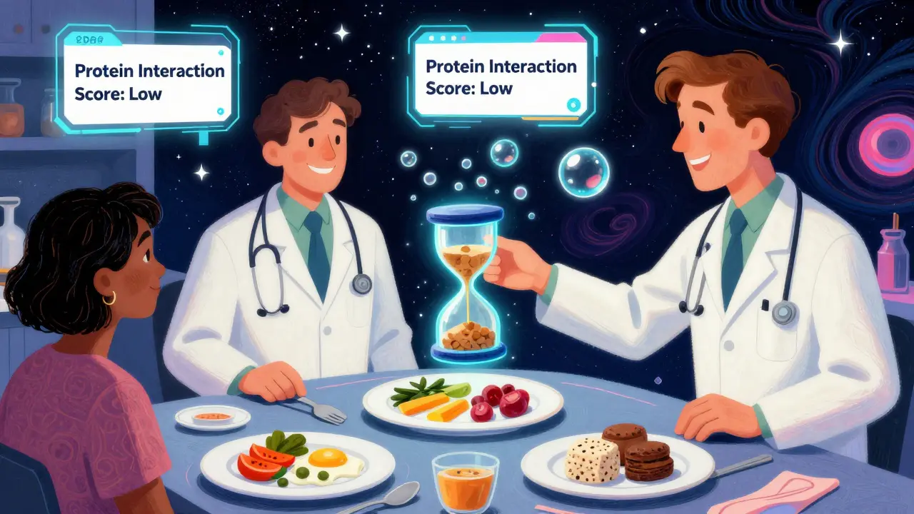 A doctor guides a patient to eat protein only at night, with morning meals being low-protein snacks under a starry sky.