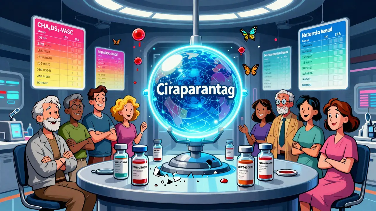 A glowing universal reversal agent hovers over shattered vials, with floating risk scores and butterflies replacing clots.