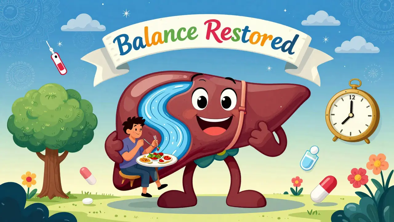 A happy liver hugging a person eating Mediterranean food, with healing symbols fading into a cosmic background in Peter Max style.