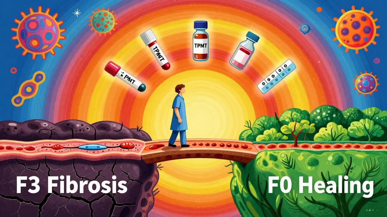 A patient crossing a liver bridge from fibrosis to healing, surrounded by glowing medical symbols in vibrant colors.