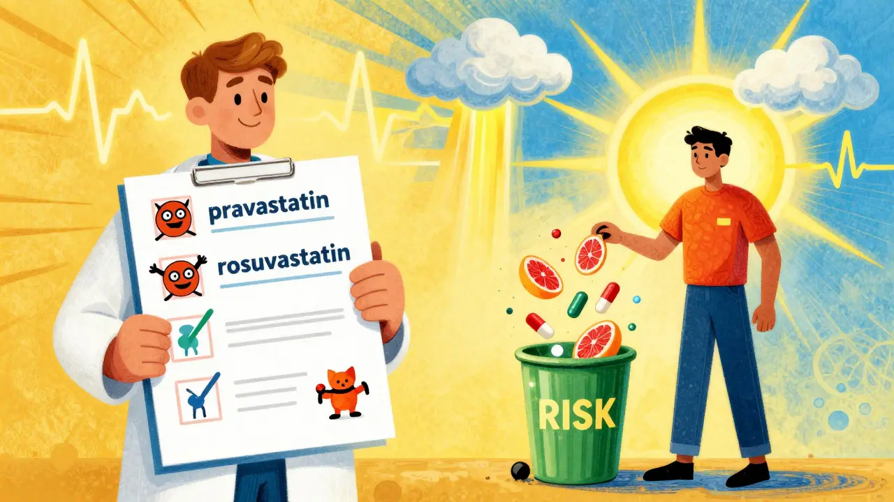 A patient discarding dangerous meds as safe statins shine as heroes, with healing muscles and sunlight in optimistic cartoon scene.