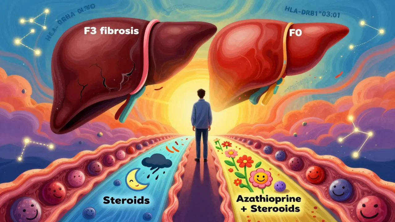 A patient on a liver bridge, looking from scarred to healthy liver, with pathways showing steroid vs. combo therapy effects.