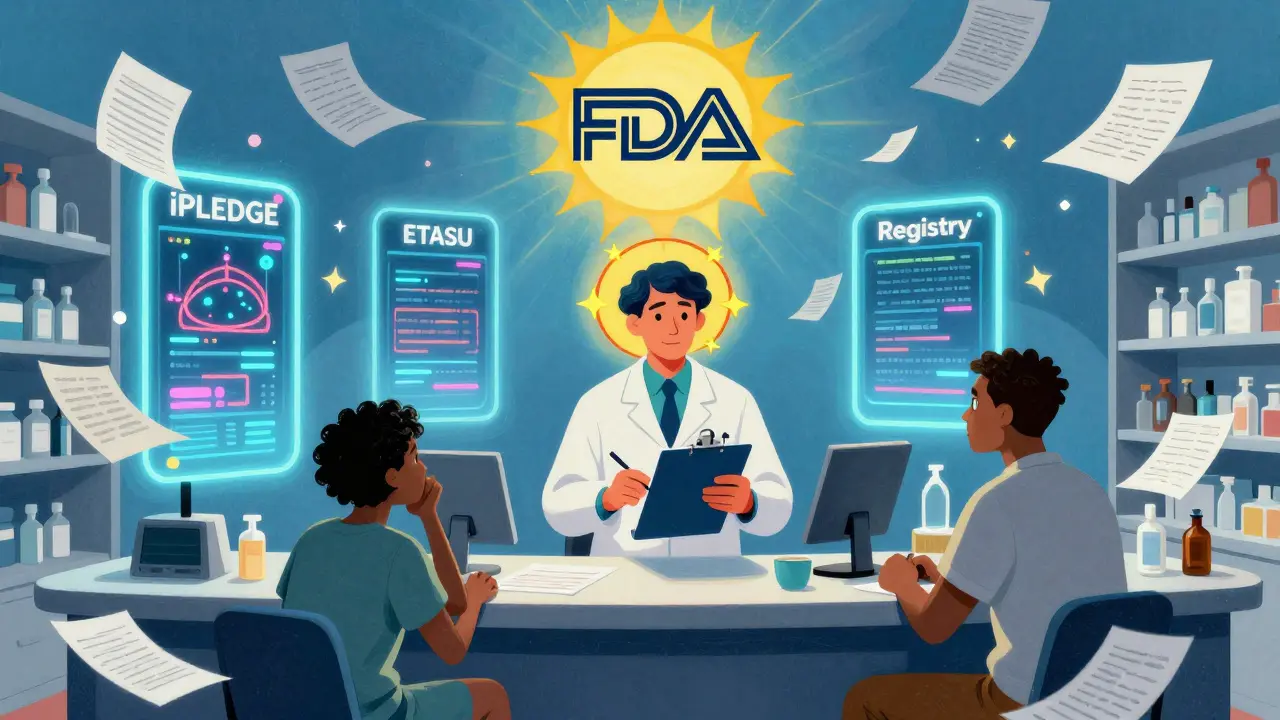 A pharmacist at a counter manages digital REMS portals amid swirling paperwork under a glowing FDA badge.
