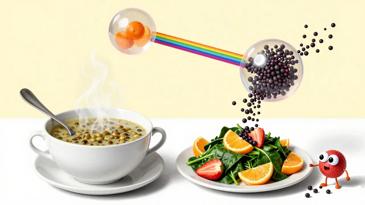 A psychedelic dinner plate with spinach, oranges, and strawberries, where vitamin C neutralizes iron-blocking compounds.