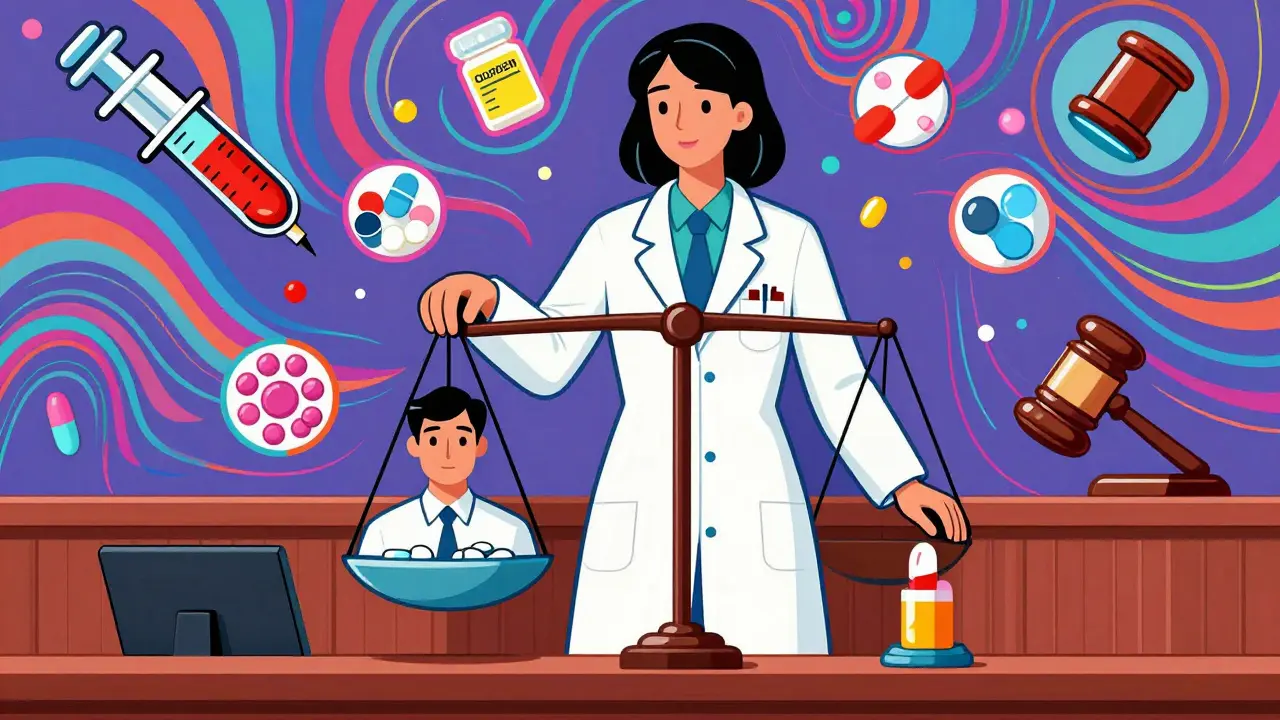 A scale balancing male and female drug doses, with medical icons floating around in a psychedelic courtroom.