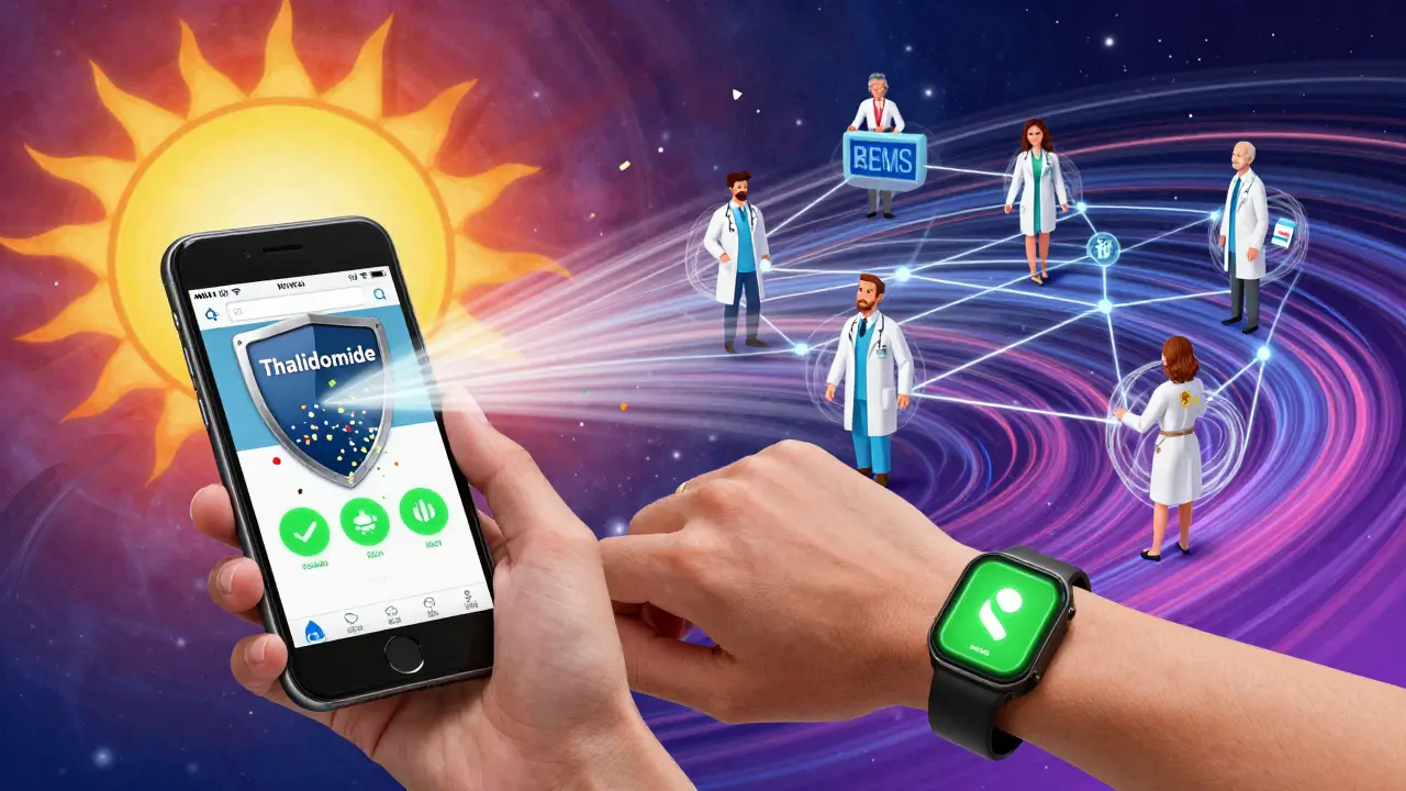 A smartphone app sends alerts to a patient as an old REMS program dissolves into confetti under cosmic colors.