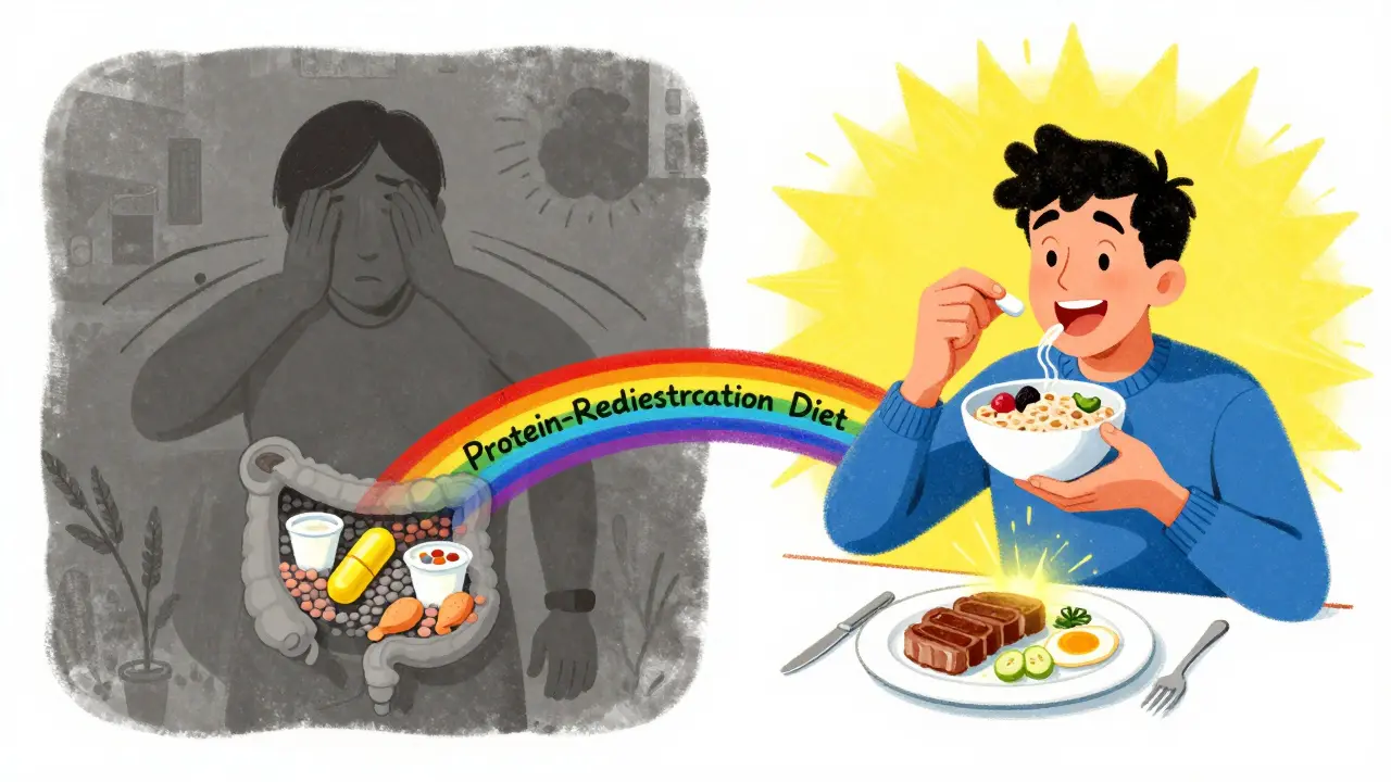 A split scene shows morning tremors from protein interference versus an energetic afternoon after shifting protein to dinner.