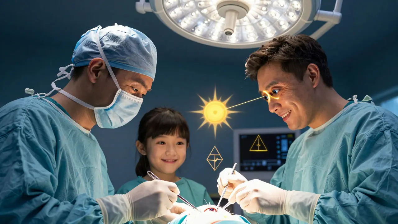 A surgeon performing strabismus surgery with glowing threads aligning eye muscles under a starry sky.