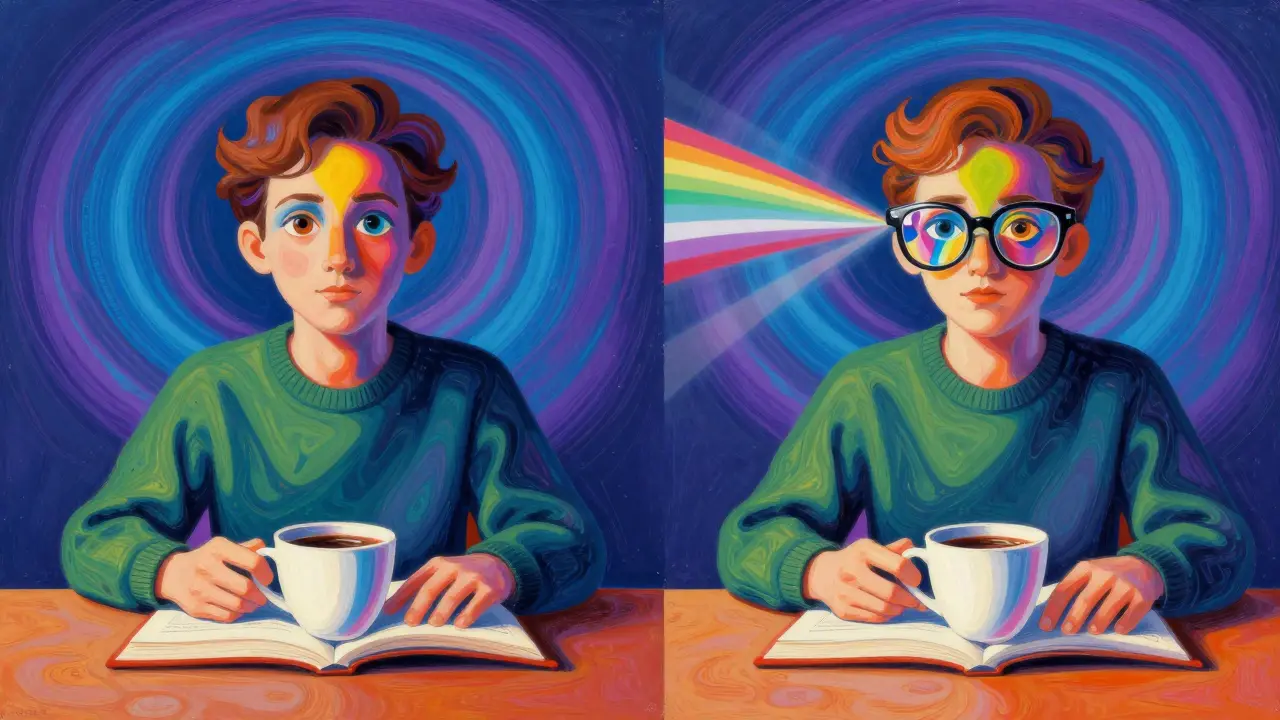 An adult experiencing double vision with floating distorted images and prism glasses correcting the view.