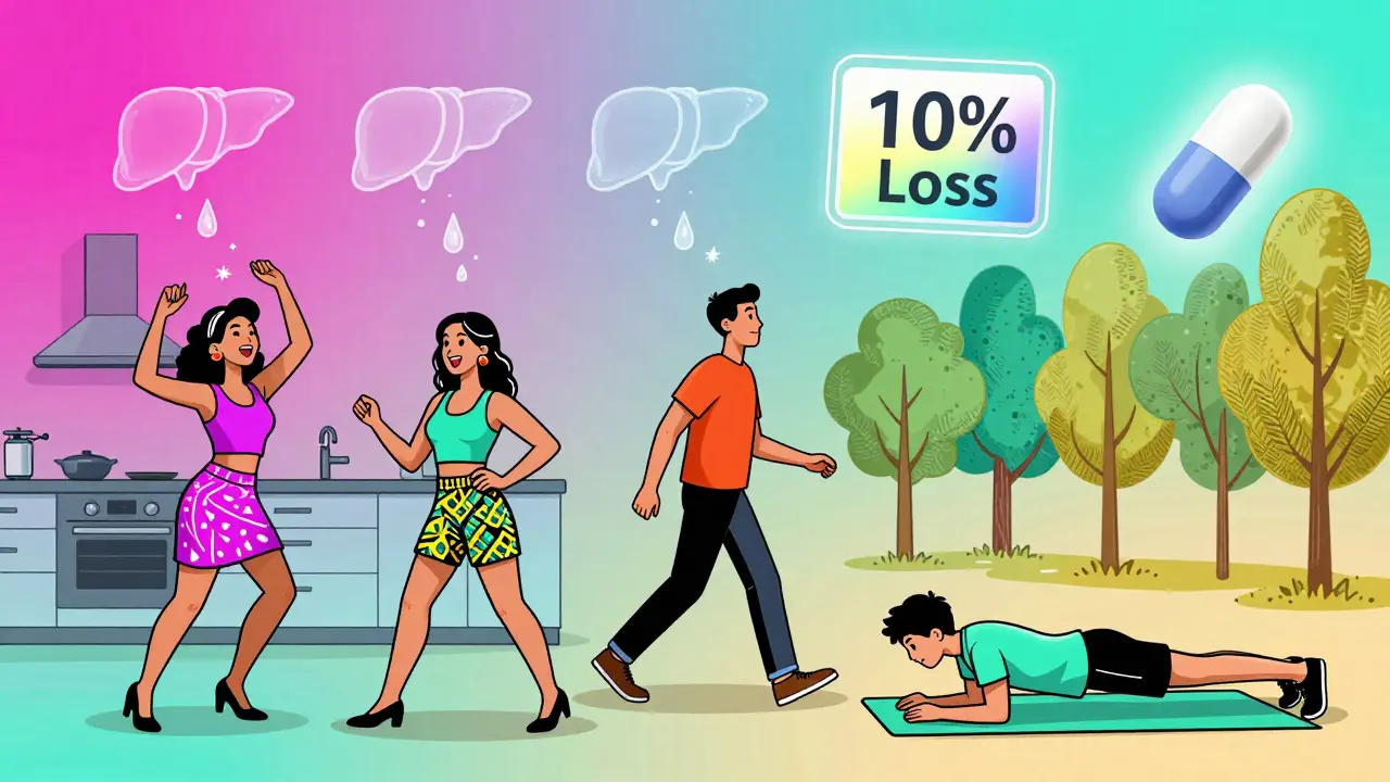 Diverse people exercising joyfully while their livers heal, with a rainbow scale showing 10% weight loss in Peter Max style.