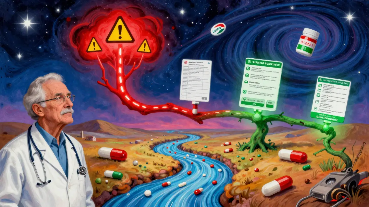 Medical timeline showing safe and risky drug substitution paths in cosmic psychedelic landscape.