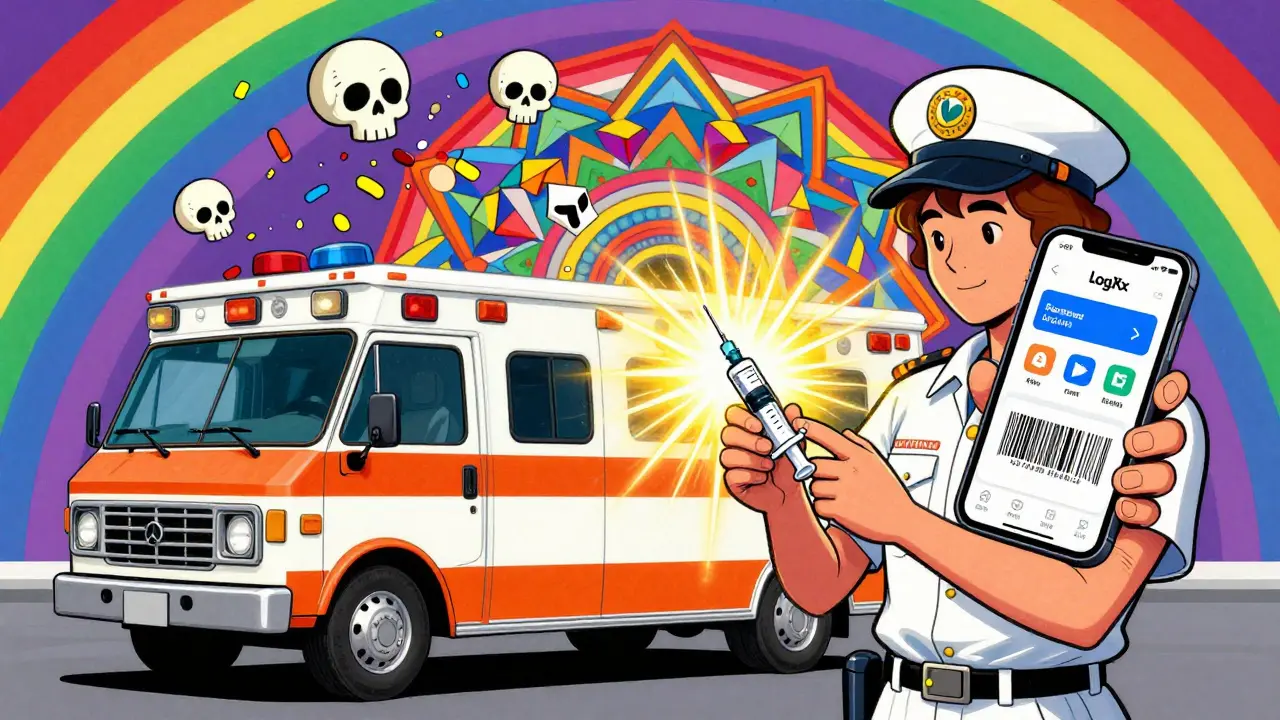 Paramedic scanning a syringe with a phone app, expired meds turning into dissolving confetti.