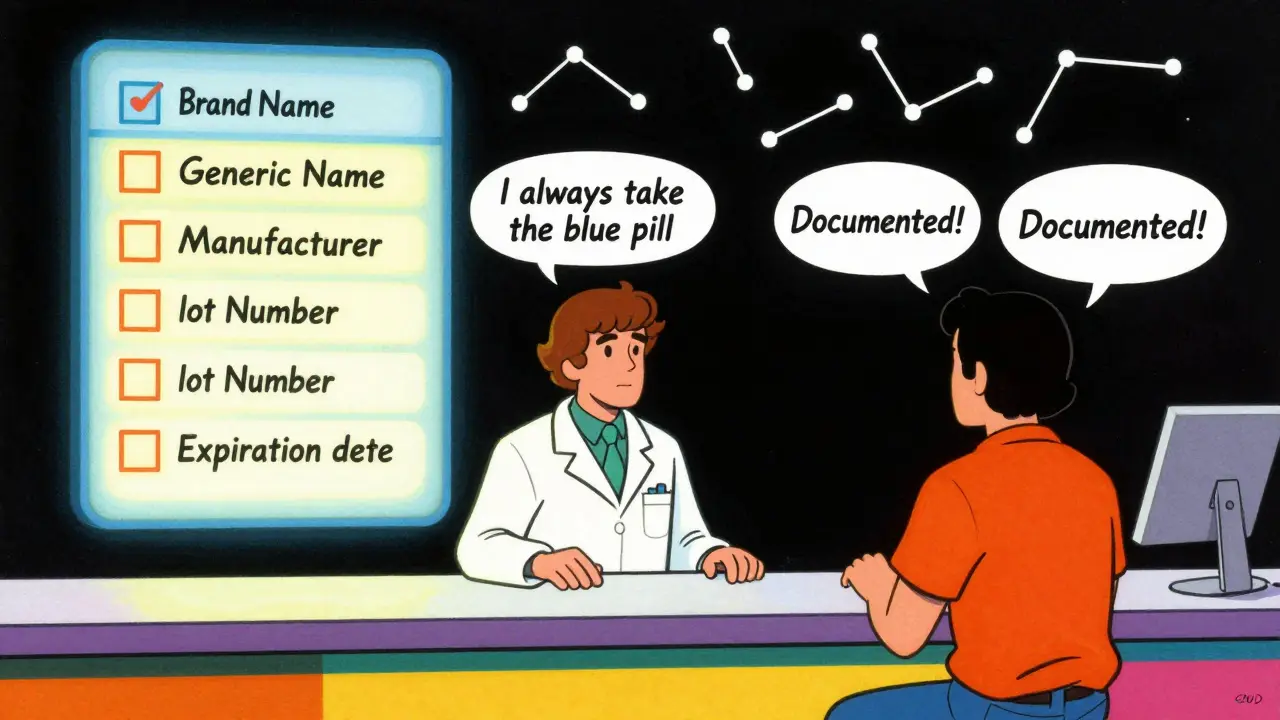 Pharmacist and patient discussing medication with a glowing checklist of substitution requirements.