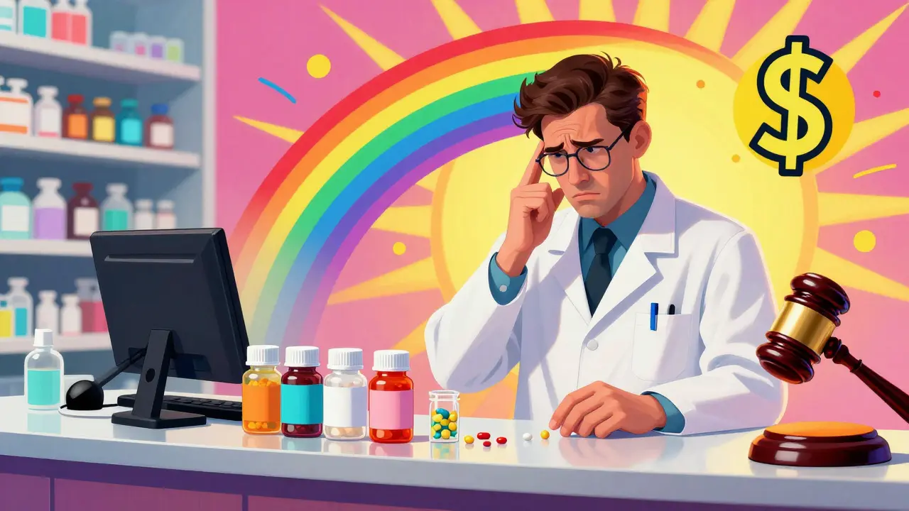 Pharmacist examining shrinking pills with gavel and dollar signs.